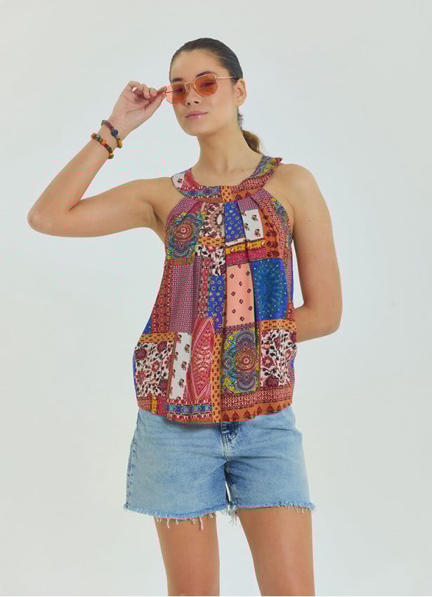 Halter Neck Button Detail Pleated Blue Sleeveless Blouse 4676